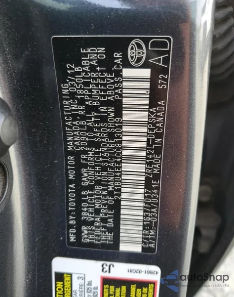 2012 Toyota Corolla Base z USA, uszkodzony, nr VIN 2T1BU4EE4CC813019